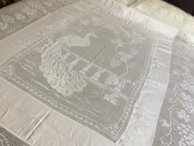Load image into Gallery viewer, Vintage Lace and Linen Bed Cover with Mary Card Designed Filet Crochet Inlay &quot;Peacock and Grapevine&quot;