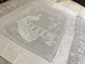 Vintage Lace and Linen Bed Cover with Mary Card Designed Filet Crochet Inlay "Peacock and Grapevine"
