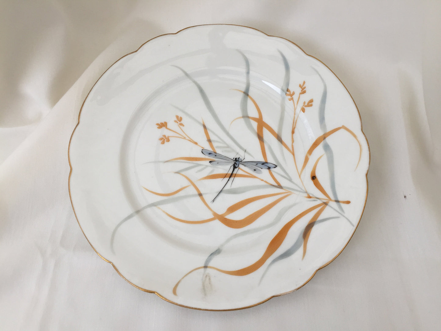 Hand Painted 9" Vintage Porcelain Plate with Dragonfly Design