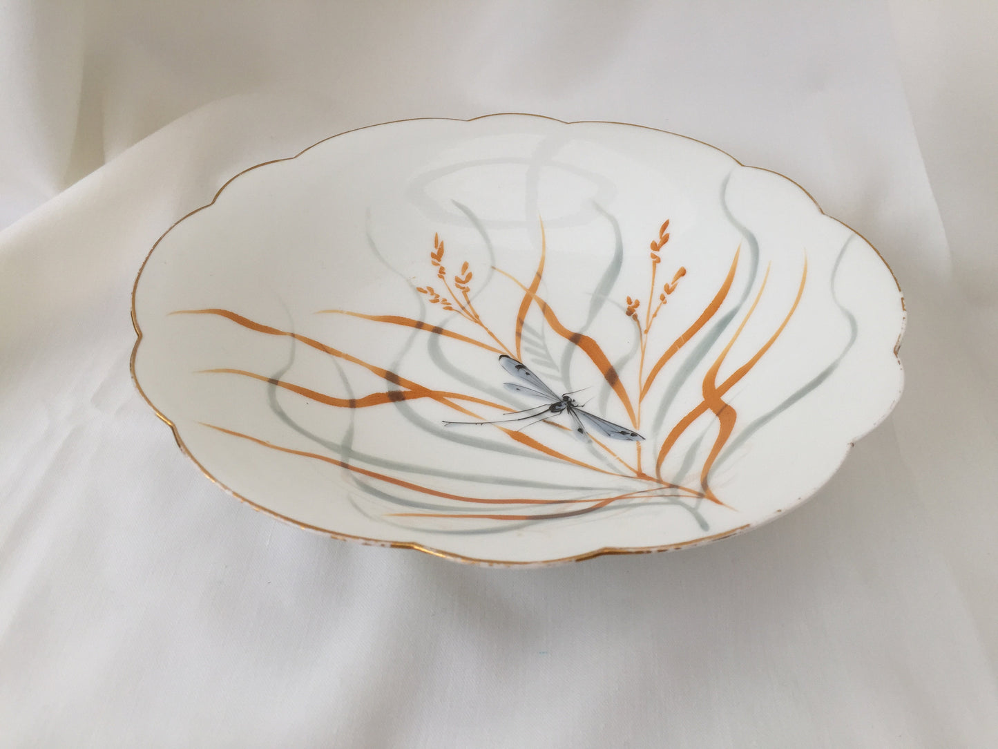 Hand Painted 9" Vintage Pedestal Bowl with Dragonfly Pattern