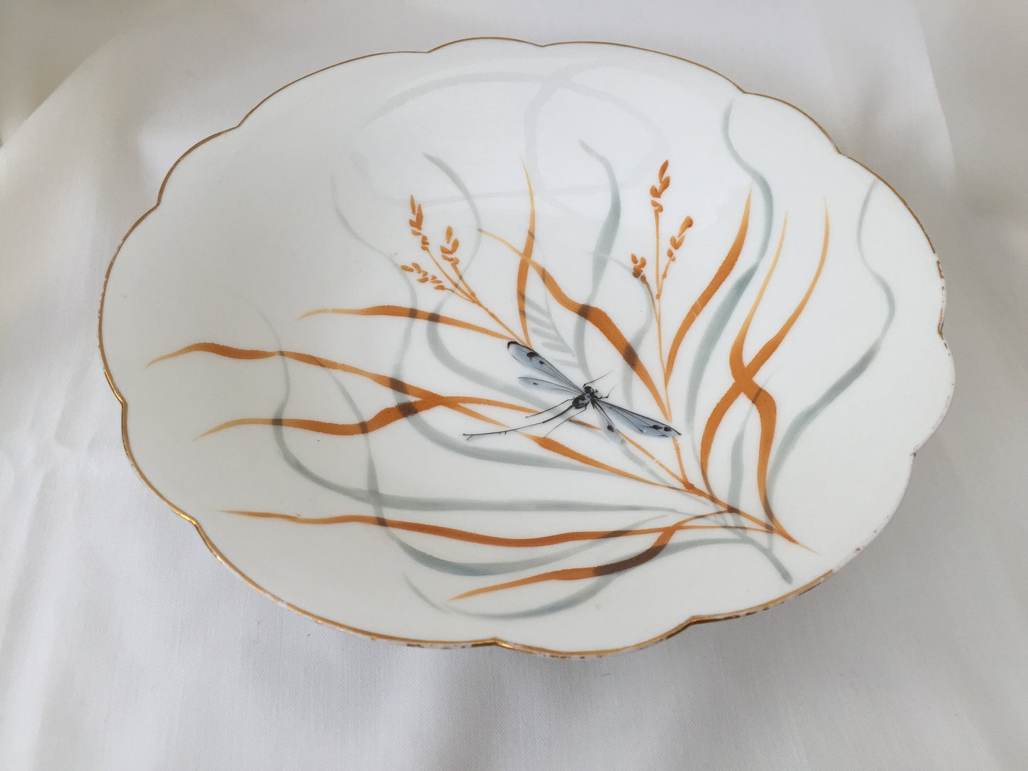 Hand Painted 9" Vintage Pedestal Bowl with Dragonfly Pattern
