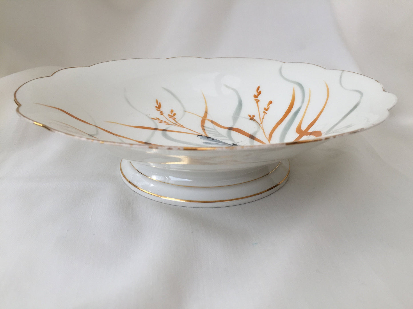 Hand Painted 9" Vintage Pedestal Bowl with Dragonfly Pattern