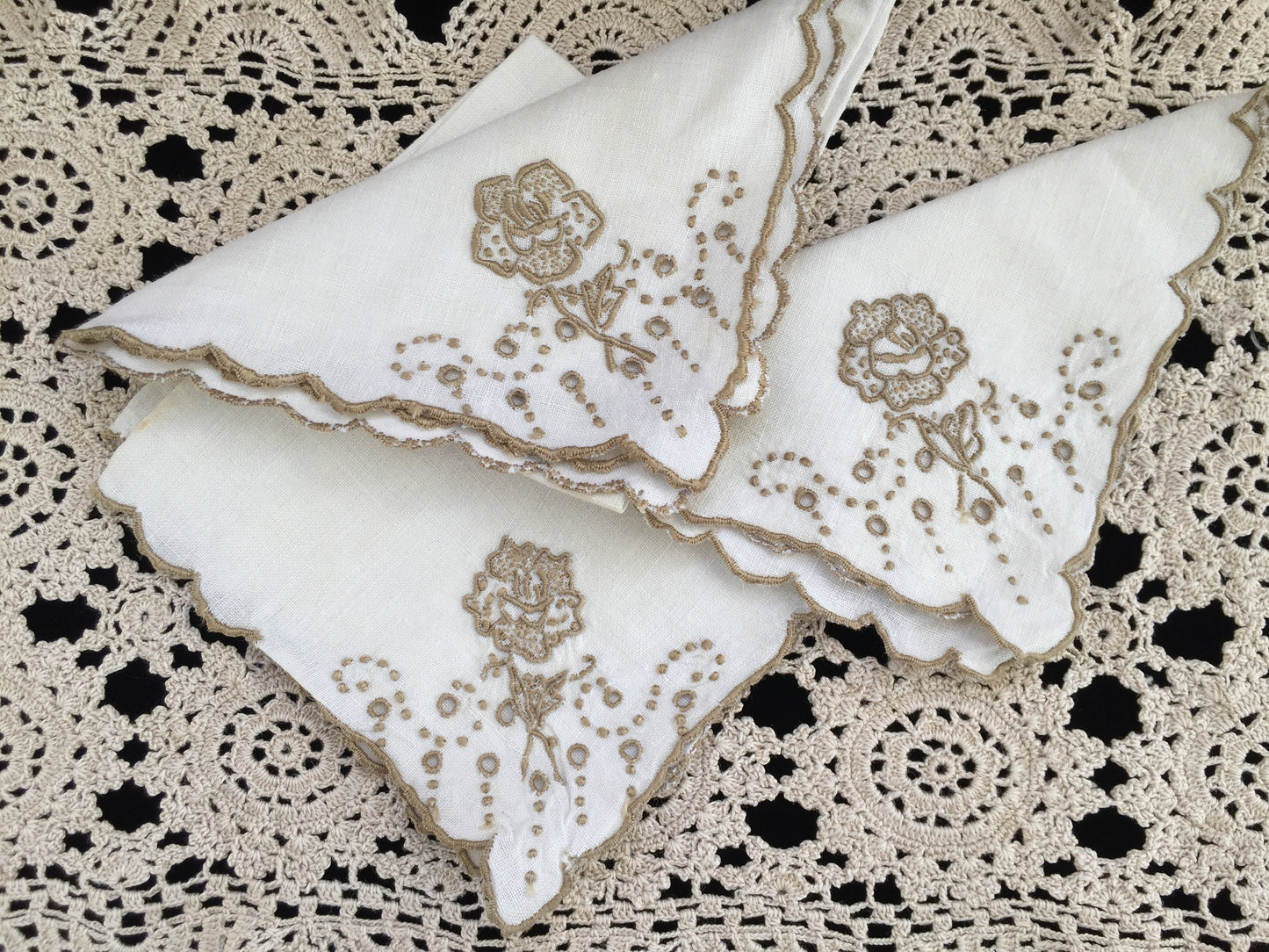 A Set of 3 Antique Hand Embroidered Broderie Anglaise Off-white and Taupe Linen Napkins with Scalloped Edging