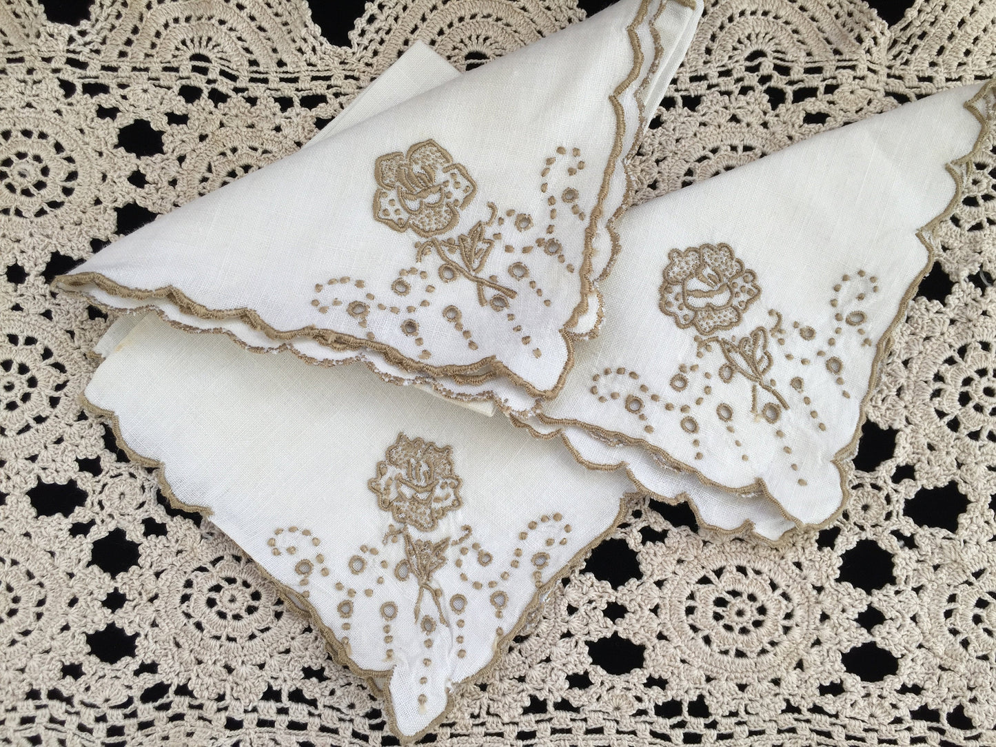 A Set of 3 Antique Hand Embroidered Broderie Anglaise Off-white and Taupe Linen Napkins with Scalloped Edging
