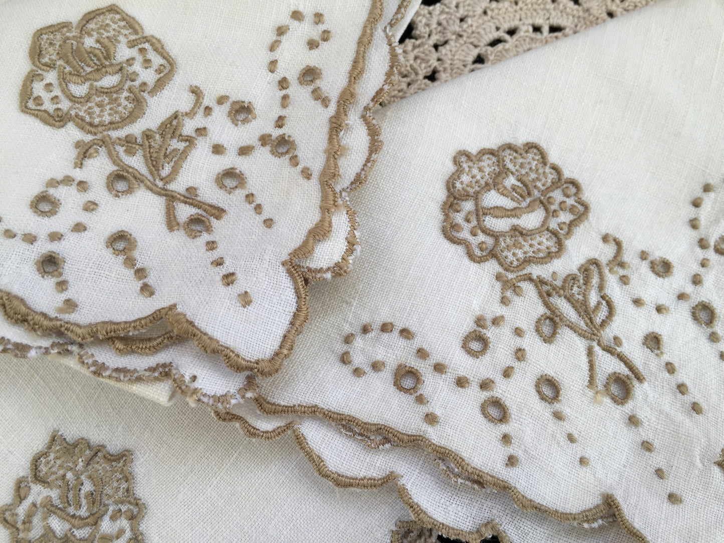 A Set of 3 Antique Hand Embroidered Broderie Anglaise Off-white and Taupe Linen Napkins with Scalloped Edging