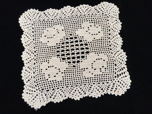 Vintage Ecru Filet Crochet Doily with Roses