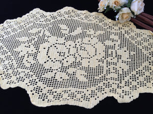 Large Bright Yellow Oval Filet Crochet Doily or Table Runner with Roses