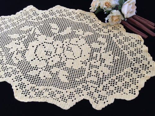 Large Bright Yellow Oval Filet Crochet Doily or Table Runner with Roses