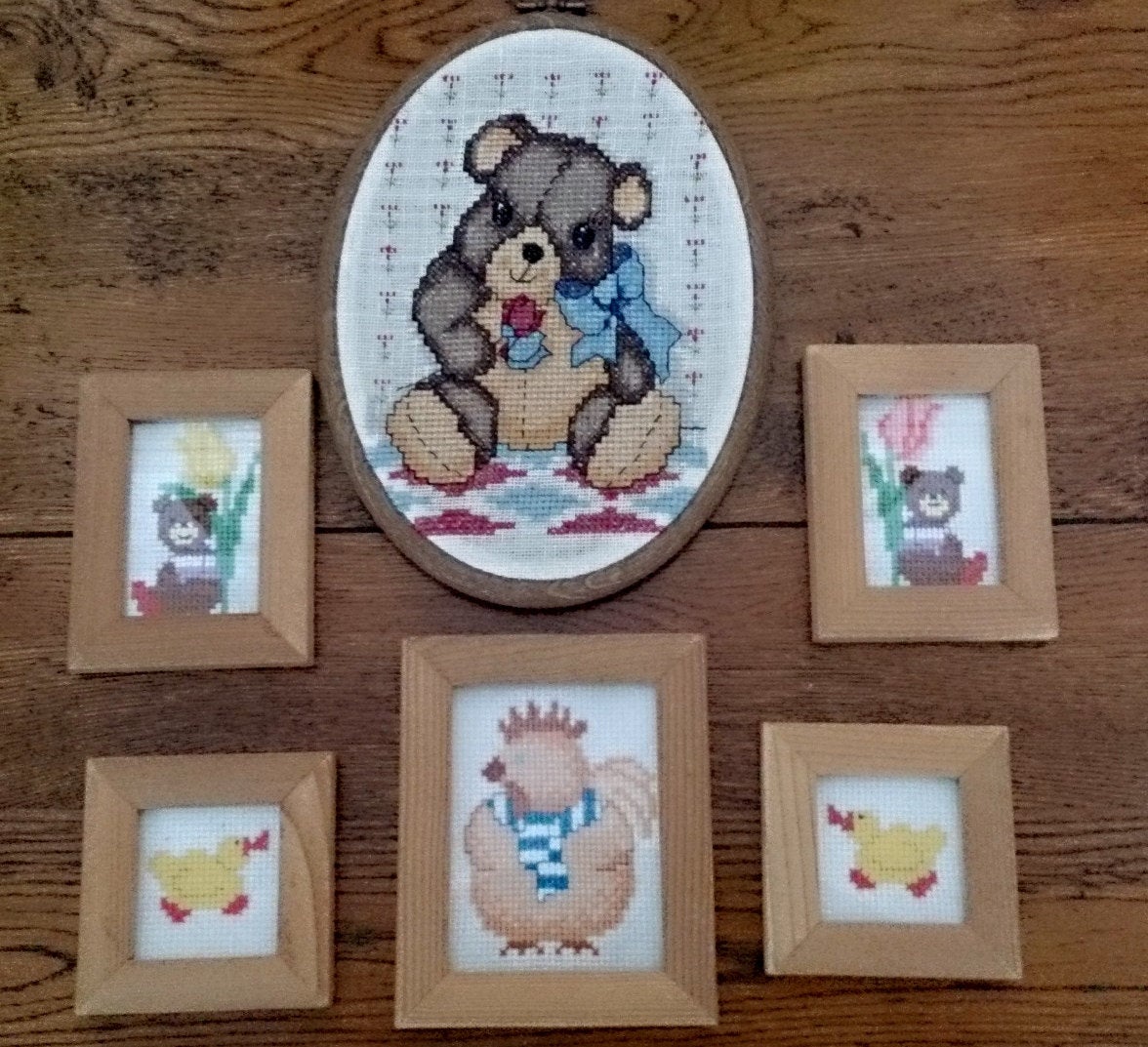 Set of 6 Nursery Cross Stitch Pictures Small Hand Embroidered Pictures in Wooden Frames