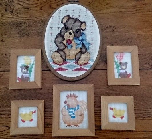 Set of 6 Nursery Cross Stitch Pictures Small Hand Embroidered Pictures in Wooden Frames
