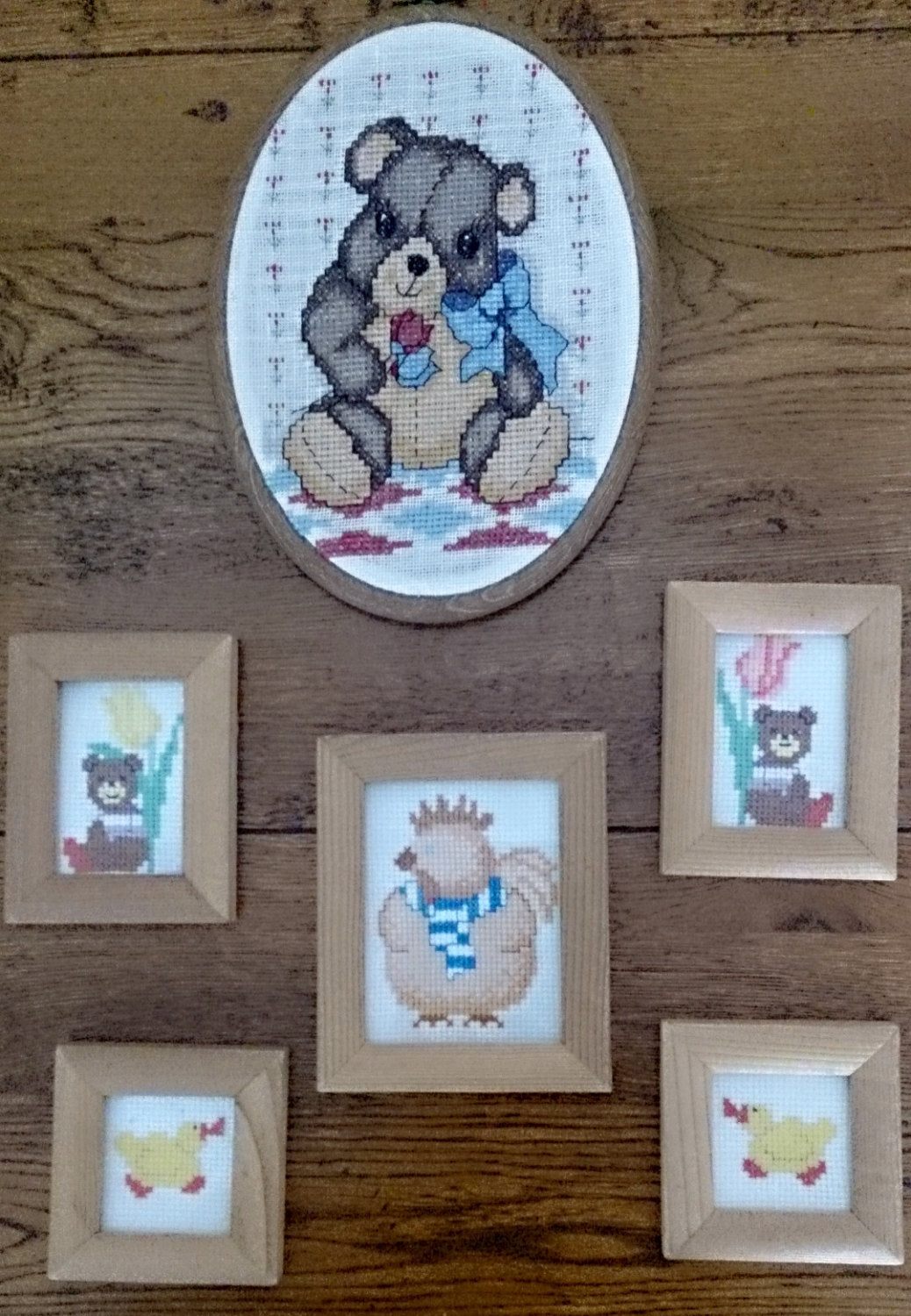 Set of 6 Nursery Cross Stitch Pictures Small Hand Embroidered Pictures in Wooden Frames